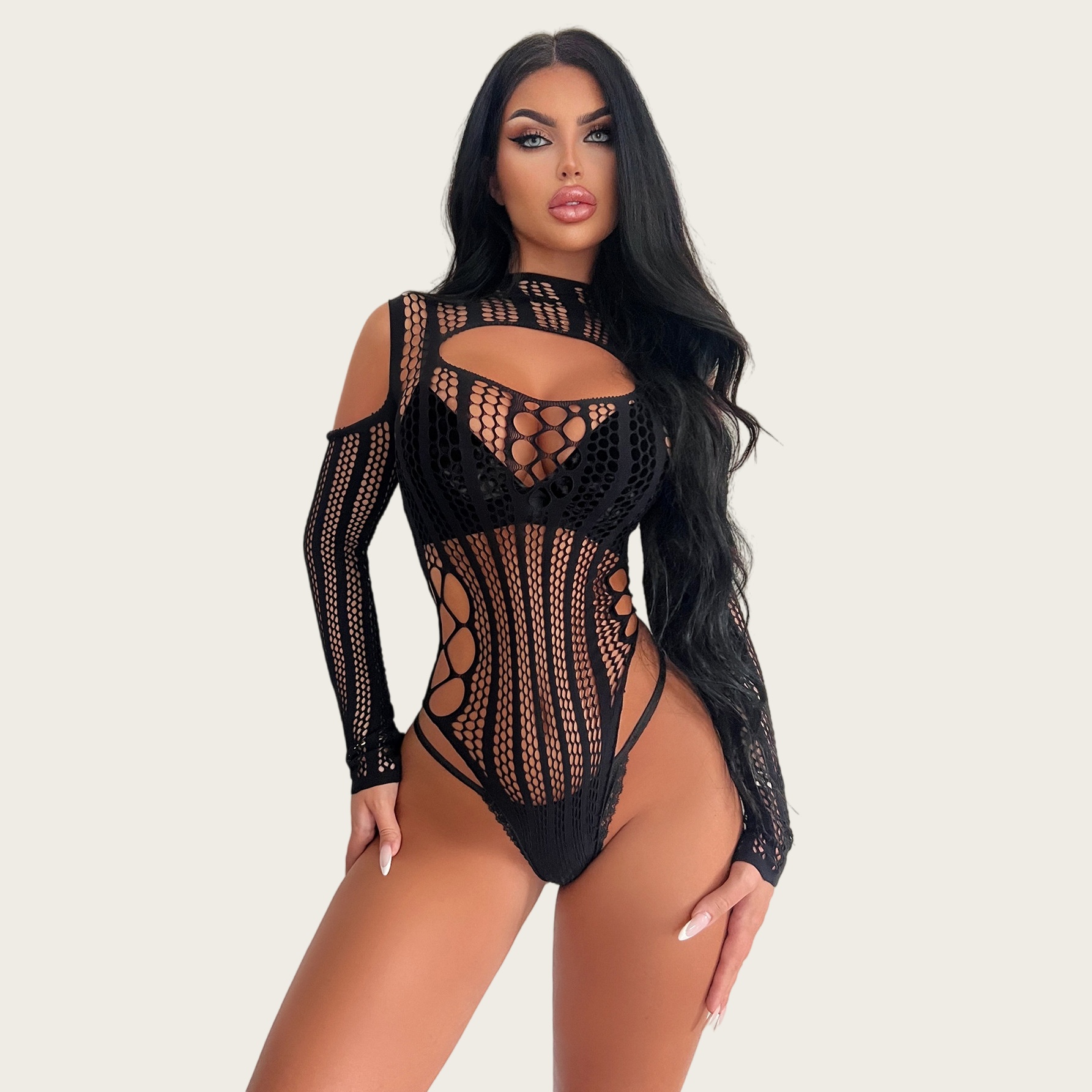 Bodystocking Fishnet - Bodysuit tanpa punggung untuk wanita, pakaian